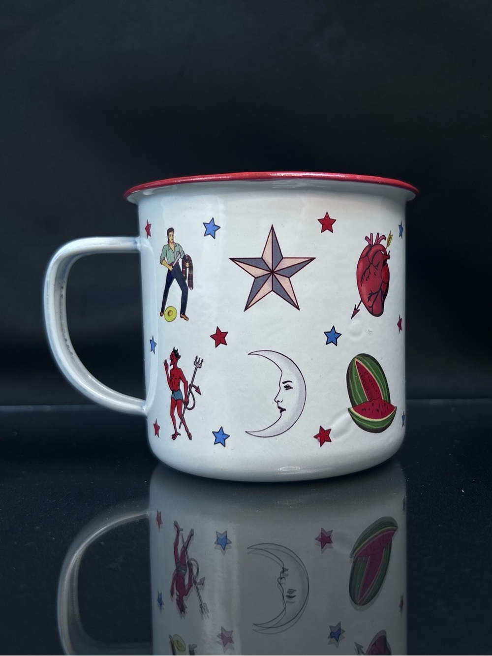 Wajiro Dream Metal Enamel Coffee Mug with Mexican Loteria Tattoo Design 3" Tall - Picture 2 of 16